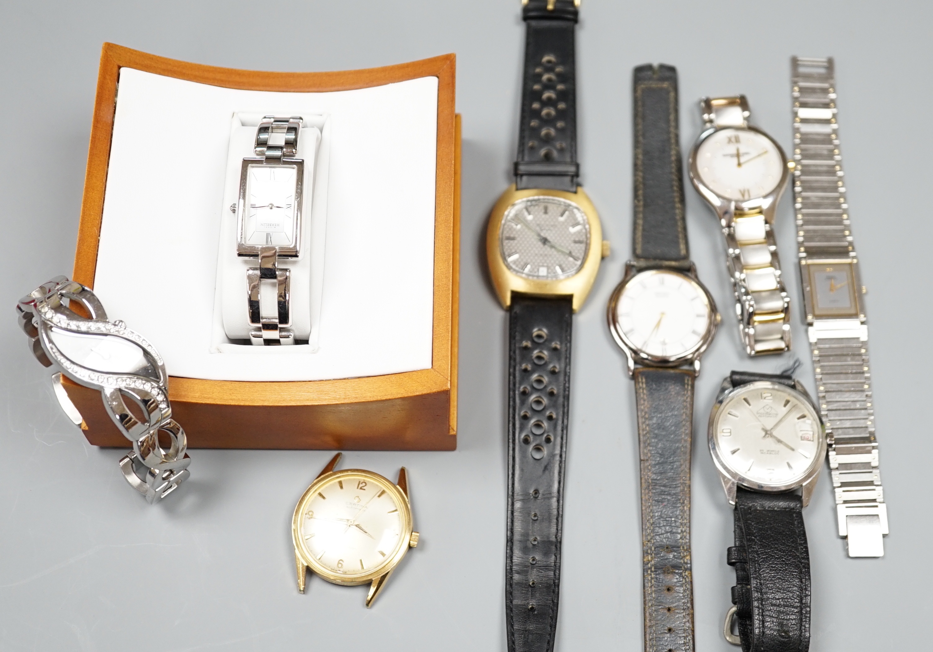 A collection of lady's and gentleman's wrist watches including Raymond Weil, Seiko, Certina and Mondaine automatic.